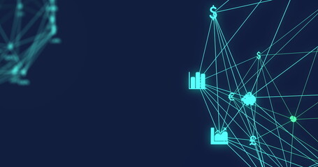 Image of digital interface and globe of network connections with financial and currency icons