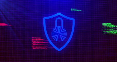 Image of digital computer interface online security blue glowing padlock icon on blue glowing ba
