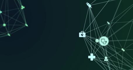 Image of digital interface and globe of network of connections with white icons turning on green