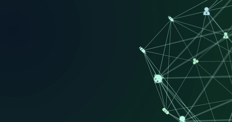 Image of digital interface and globe of network of connections with white icons turning on green