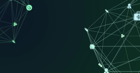 Image of digital interface and globe of network of connections with white icons turning on green