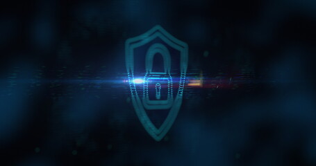 Image of digital computer interface online security blue padlock icon on glowing background