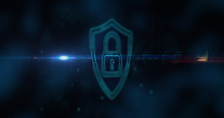 Image of digital computer interface online security blue padlock icon on glowing background