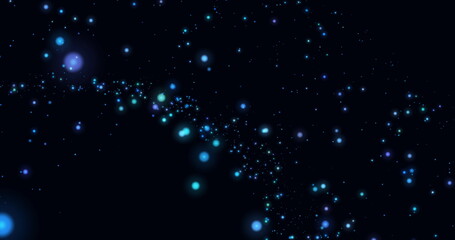 Image of blue glowing spots of light twinkling and moving in hypnotic motion on black background