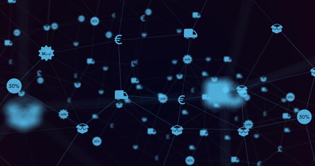 Image of digital interface and network connections with financial and online shopping blue icons