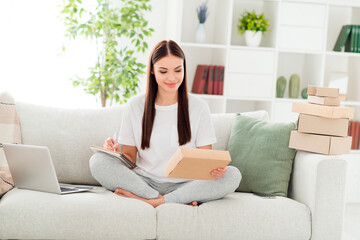Photo of confident positive lady hold paper package pad write notes wear white t-shirt sit couch in room indoors