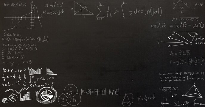 Composition of mathematical equations over black chalkboard