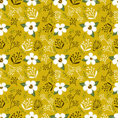 Fototapeta na wymiar Seamless pattern of vintage floral tropical small flowers and leaves vector illustration