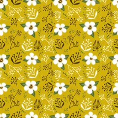 Rolgordijnen Seamless pattern of vintage floral tropical small flowers and leaves vector illustration © Vector.ruhul
