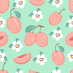 Seamless pattern of abstract tropical plum fruits with flowers and slices vector illustration