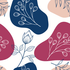 Seamless pattern of abstract botanical floral tropical leaves line art sketch style vector illustration