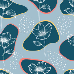 Seamless pattern of abstract botanical floral tropical leaves line art sketch style vector illustration