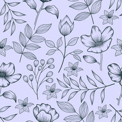 Seamless pattern of botanical floral tropical flowers and leaves line art sketch style vector illustration