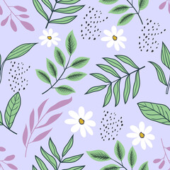 Seamless pattern of botanical floral tropical flowers and leaves line art sketch style vector illustration