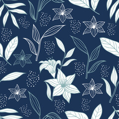 Seamless pattern of botanical floral tropical flowers and leaves line art sketch style vector illustration