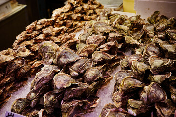 Fresh oysters, traditional seafood market 