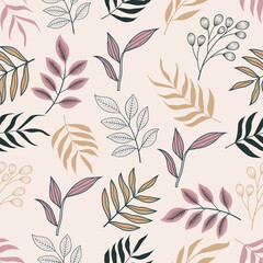 Seamless pattern of botanical floral tropical flowers and leaves line art sketch style vector illustration