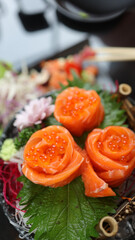 Salmon Sushi Japanese food. on the table in restaurant. Japanese cuisine set of Sashimi Salmon sushi nigiri. 