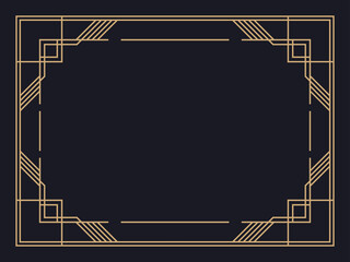 Art deco frame. Vintage linear border. Design a template for invitations, leaflets and greeting cards. Geometric golden frame. The style of the 1920s - 1930s. Vector illustration