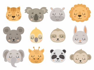 Cute Hand drawn animals vector set. Vector illustrations for nursery design, poster, birthday greeting cards. Lion, panda, parrot, mouse, koala, sloth, rabbit, tiger, monkey, hippo, elephant, giraffe