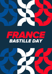 Bastille Day in France. National happy holiday, celebrated annual in July 14. French flag. France independence and freedom. Patriotic elements. Festive design. Vector poster illustration