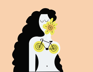 Illustrazione di Ragazza ha la bici nel cuore e il sole sulla faccia, immagine della felicità