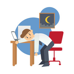 Businessman tired overworked and sleeps on desk. Office syndrome