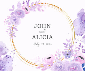 Save the date. Watercolor purple floral with golden circle