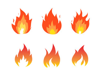 Red and orange fire flame. Hot flame energy on white background. Set of campfire icon. Vector illustration