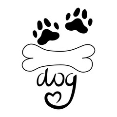 A dog's paw with black heart is isolated on white background. Vector illustration in doodle style. Paw of an animal, a puppy with the inscription dog.