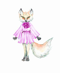 a watercolor fox in a beautiful pink dress