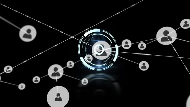 Animation of rotating safe lock with network of connected people icons on black background