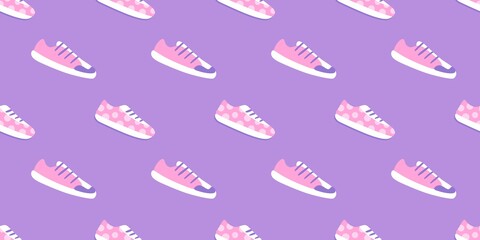 Sneakers, seamless vector pattern with pink sneakers on a lightpurple background.	