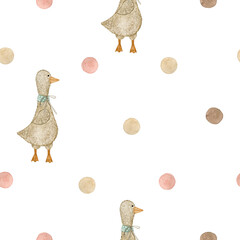 Watercolor seamless pattern polka dot pink brown and toy goose. Isolated on white background. Hand drawn clipart. Perfect for card, postcard, tags, invitation, printing, fabric, wrapping.