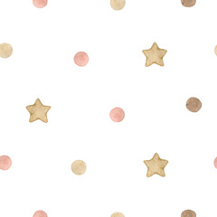 Watercolor seamless pattern polka dot pink brown and stars. Isolated on white background. Hand drawn clipart. Perfect for card, postcard, tags, invitation, printing, wrapping.