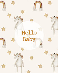 Watercolor illustration card hello baby with horse, stars, rainbow. Hand drawn clipart. Perfect for card, postcard, tags, invitation, printing, wrapping.