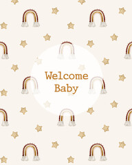 Watercolor illustration card welcome baby with rainbow and stars. Hand drawn clipart. Perfect for card, postcard, tags, invitation, printing, wrapping.