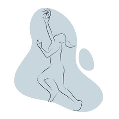 Abstract silhouette of a basketball player. Basketball player dunking the ball. Woman playing basketball. Line art. 