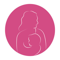 Mother breastfeeding her baby. Breastfeeding woman concept. Lactation. Line drawing on pink background. Minimalist style. 