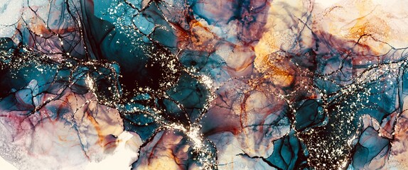 Coloured universe abstract background, alcohol ink background with gold glitter, hand painted cloudy art, liquid marble, watercolour fluid design