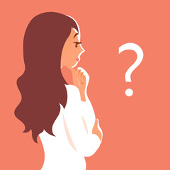 Young woman pondered the question. The concept of solving problems, finding an answer to a question. Vector cartoon illustration