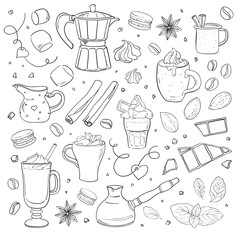Set with coffee drinks for cafe or coffeehouse menu. Linear illustration of cappuccino, latte, pot, milk jug, cinnamon, macaroon, chocolate, macaroon, marshmallow, mint. Hand-drawn sketch elements.