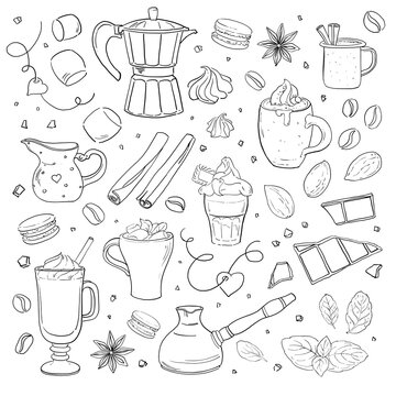 Set with coffee drinks for cafe or coffeehouse menu. Linear illustration of cappuccino, latte, pot, milk jug, cinnamon, macaroon, chocolate, macaroon, marshmallow, mint. Hand-drawn sketch elements. © art_alexandra