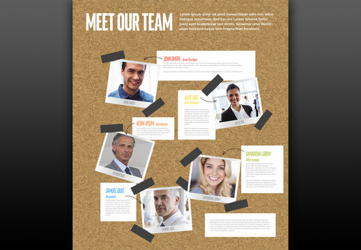 Meet Out Team Color Presentation Layout Page with Photos Styled as Notice Board