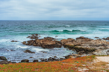 Scenic view of the rocks in the Pacific Ocean on the coast in California