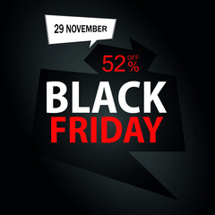 Fototapeta na wymiar 52% off on Black Friday. Black banner with fifty-two percent off promotion for november.