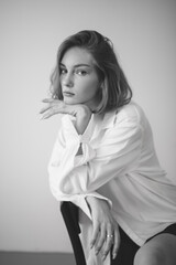 Fototapeta premium Girl model tests. Black and white photo.
