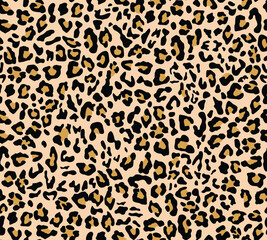 Vector leopard print, seamless trendy background. Yellow pattern for textiles. Animal skin - obrazy, fototapety, plakaty