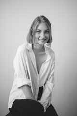 Girl model tests. Black and white photo.