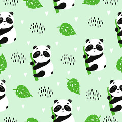Seamless pattern with a panda with bamboo. Vector illustration with pandas for the design of children's clothing, fabrics, towels. Cute bear in delicious food. Flat doodle style.